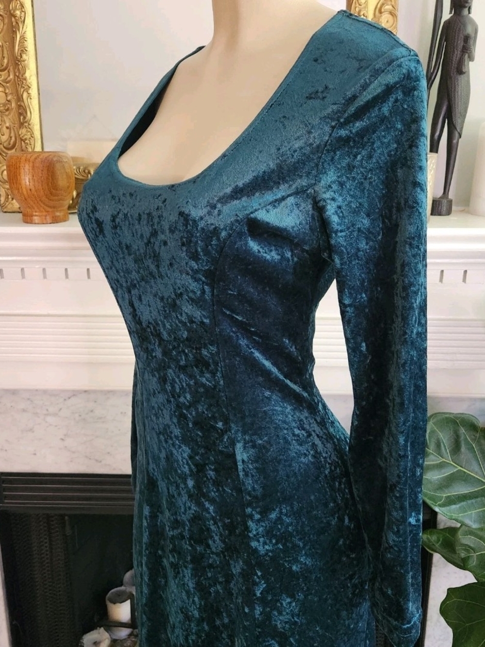 Vintage 80s All That Jazz Green Dress Size M Crushed Velvet Midi Whimsigoth Boho - Picture 7 of 9